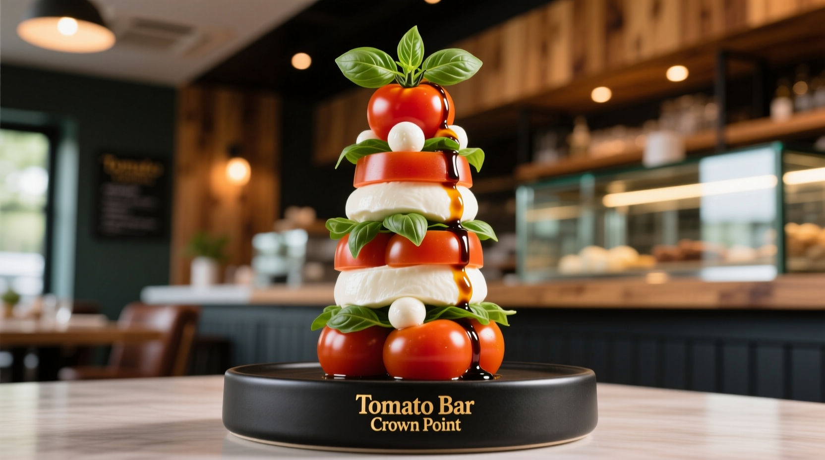 Tomato Bar Crown Point signature Caprese Tower dish presentation