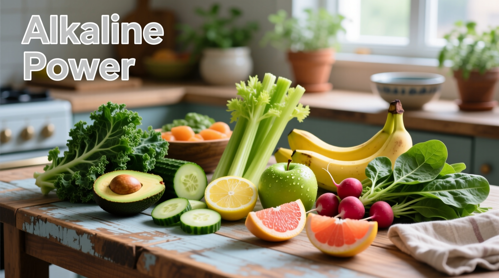 Colorful array of alkaline foods on wooden table