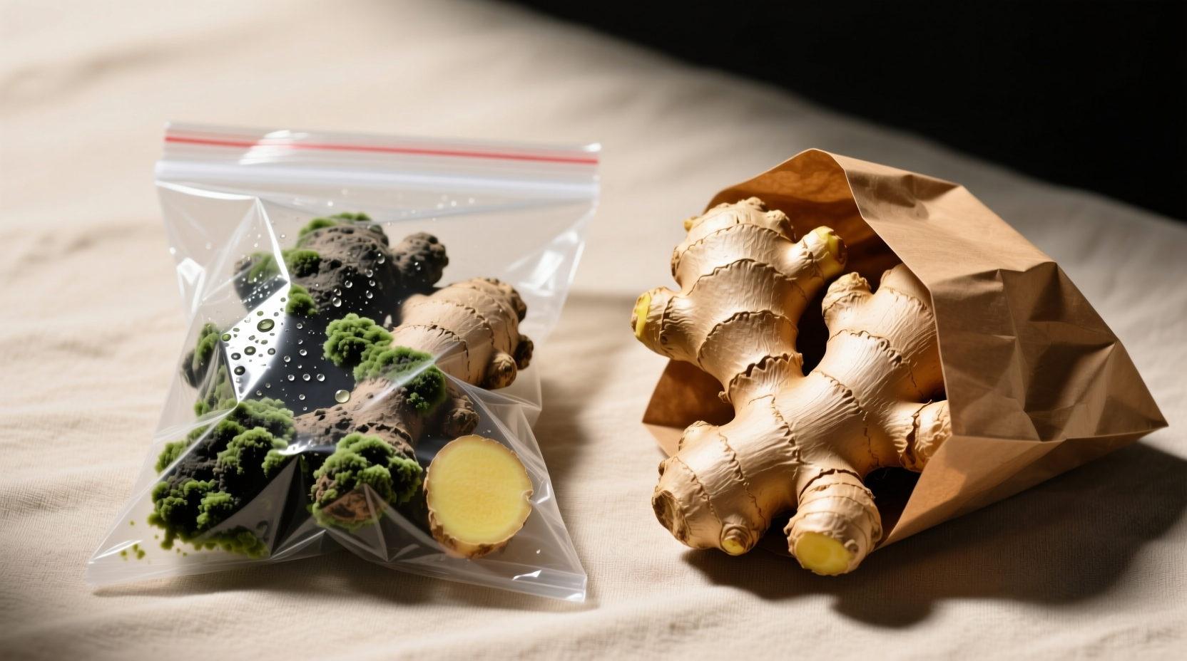 Side-by-side comparison: moldy ginger in plastic bag vs firm ginger stored in paper bag