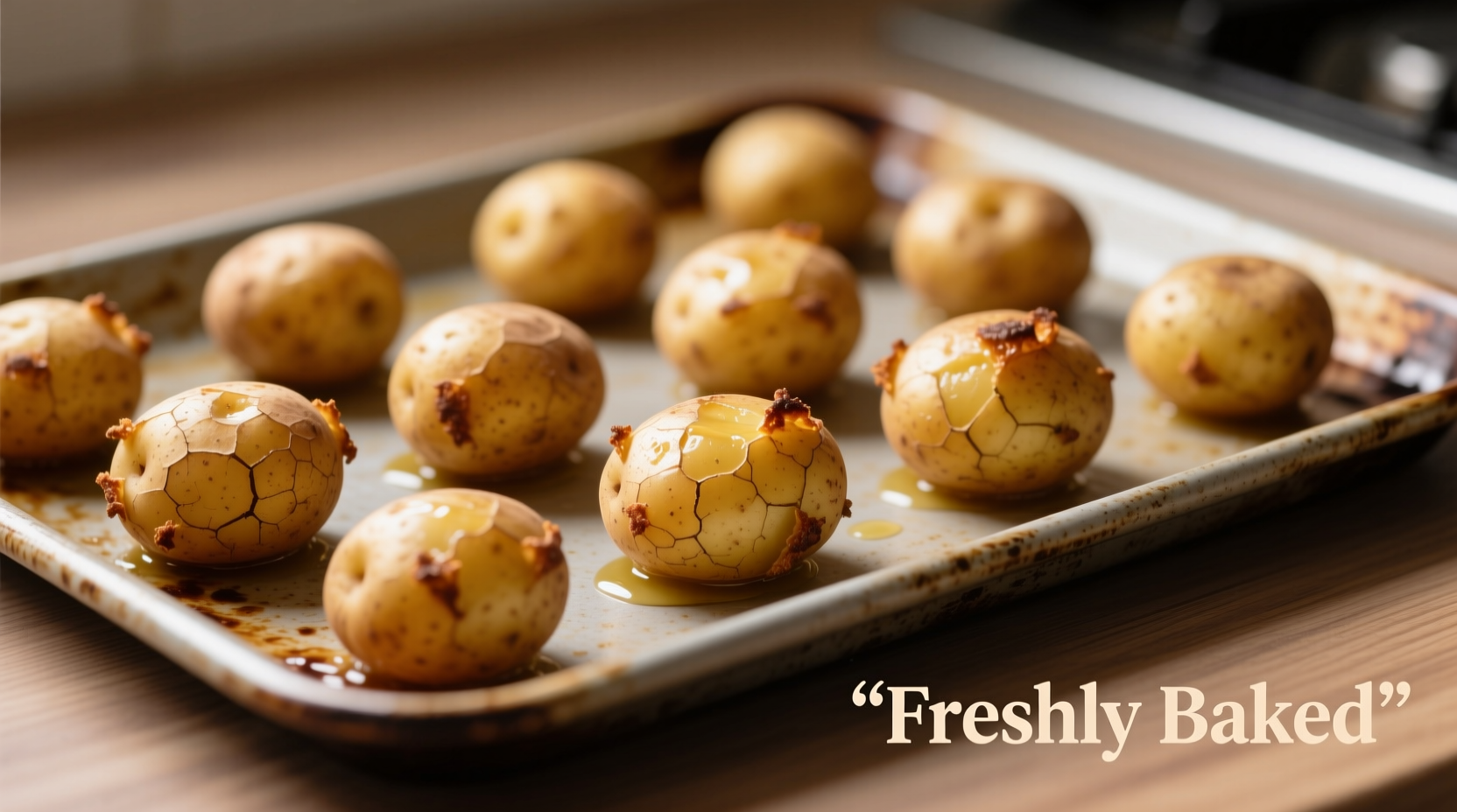 Perfectly baked small potatoes on baking sheet