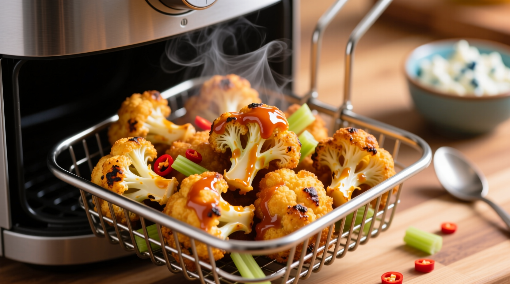 Crispy buffalo cauliflower bites in air fryer basket