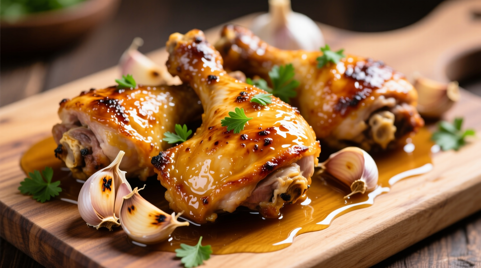 Golden honey garlic chicken thighs with garlic cloves