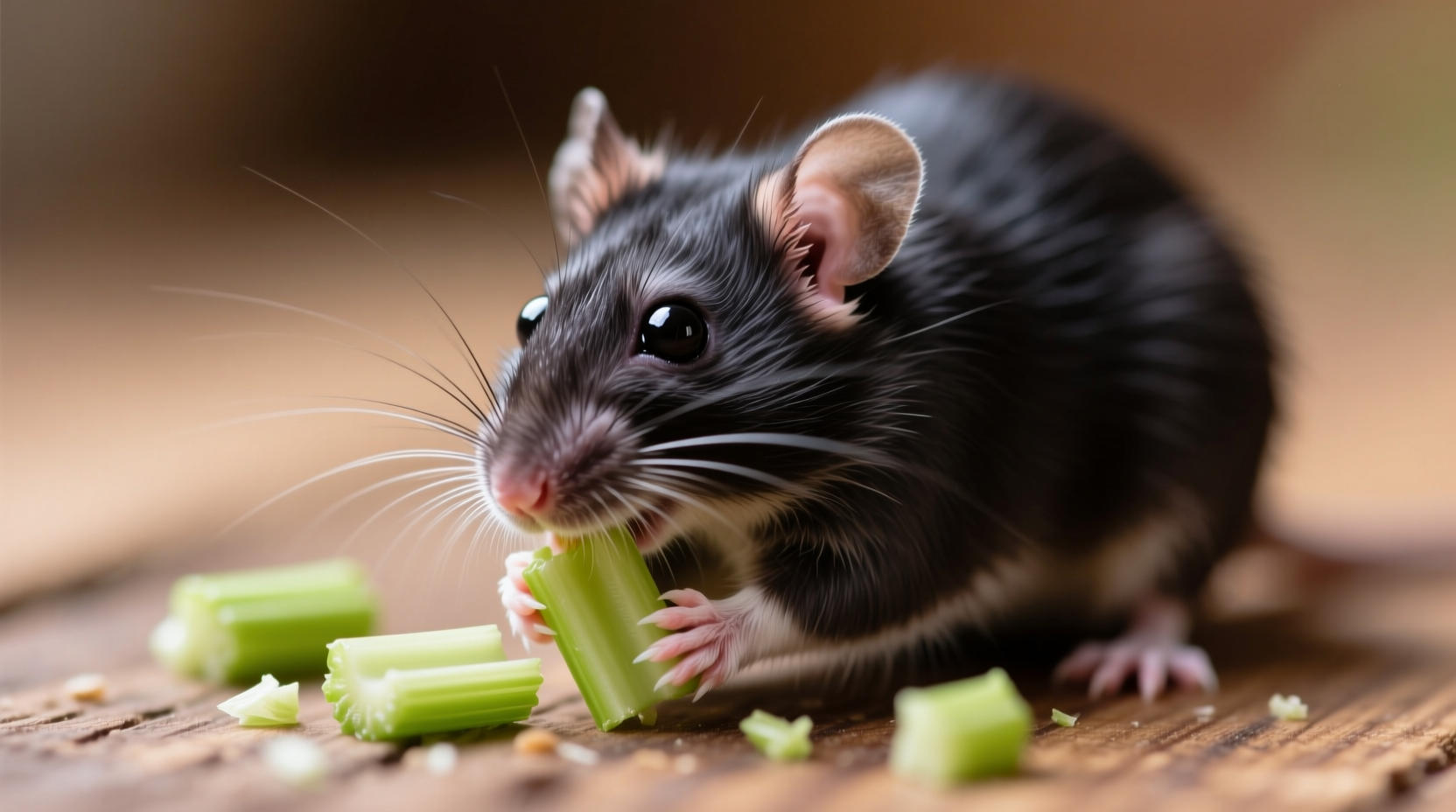 Pet rat nibbling on small celery pieces