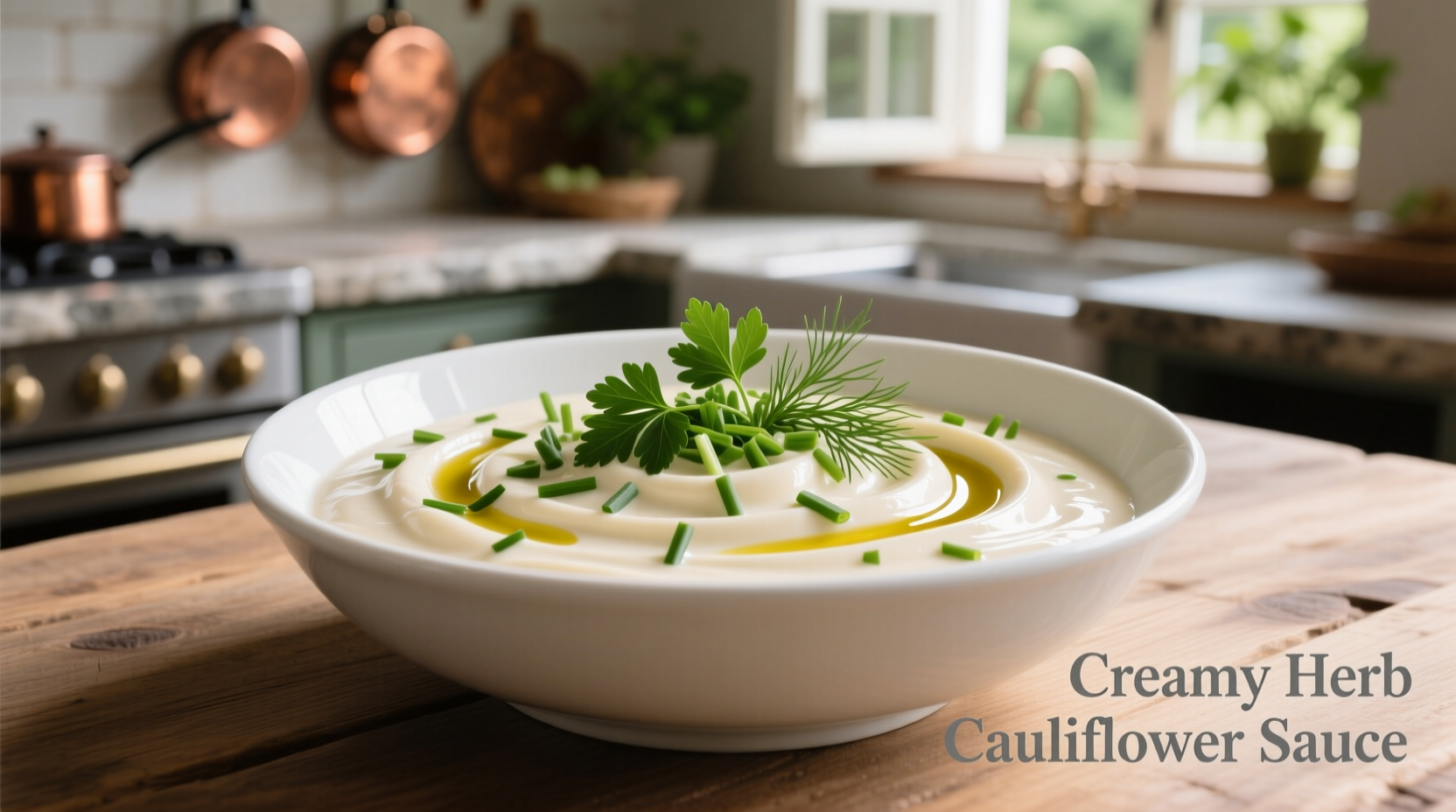 Creamy cauliflower sauce in white bowl with fresh herbs