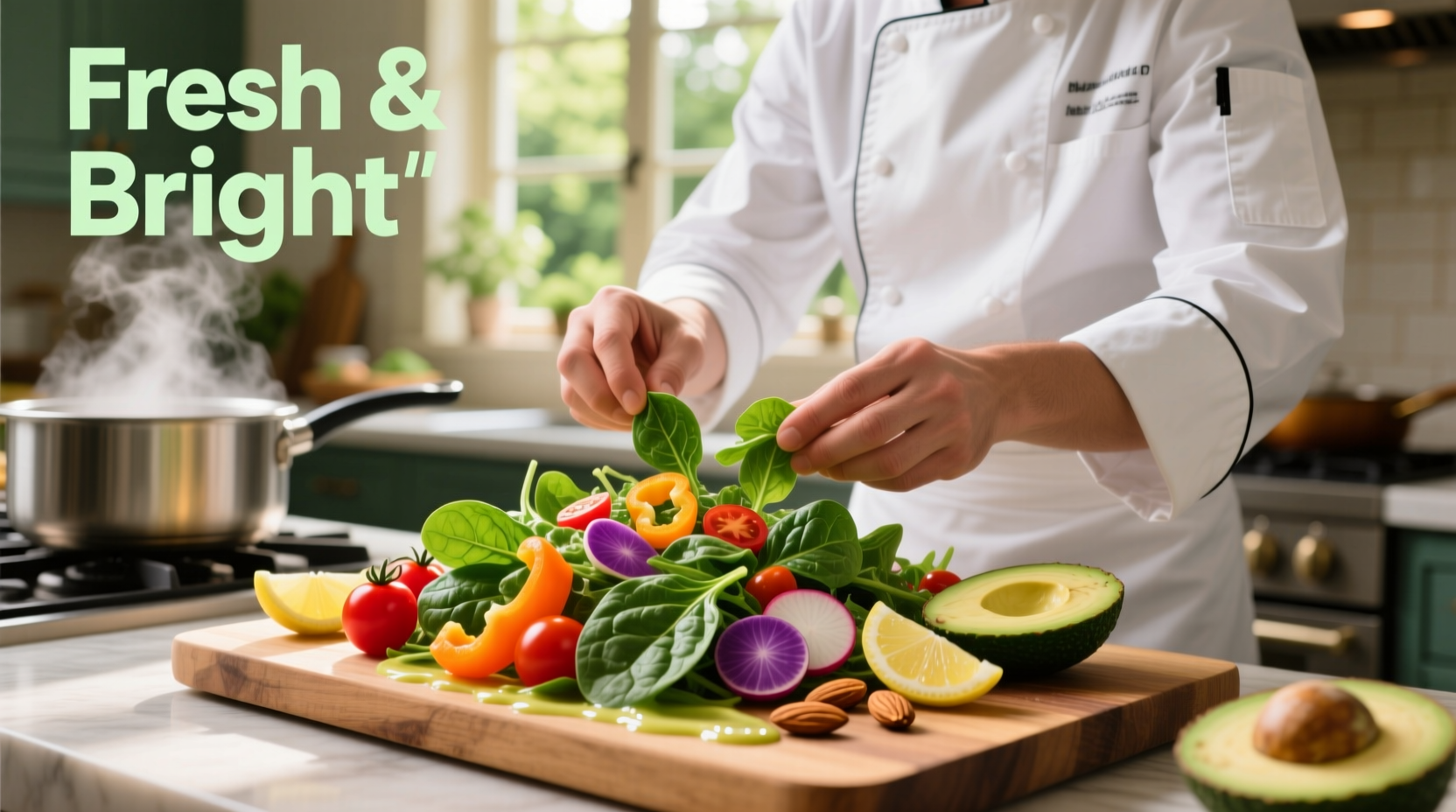 Chef preparing vibrant spinach salad with colorful toppings