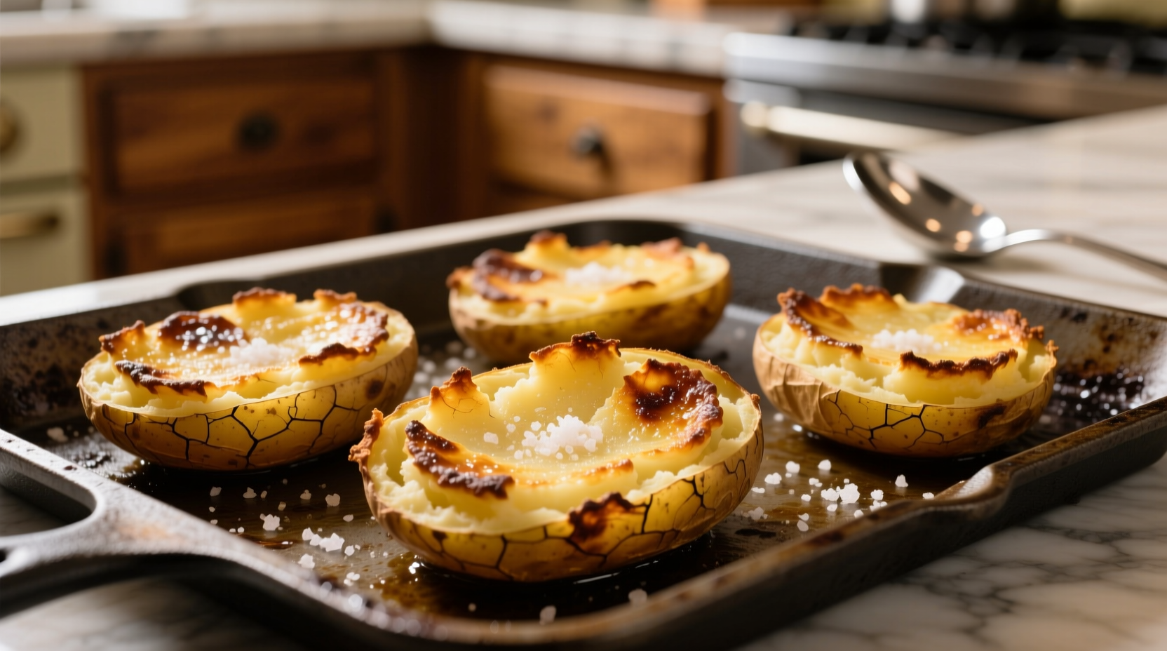Golden smashed potatoes with crispy edges on baking sheet
