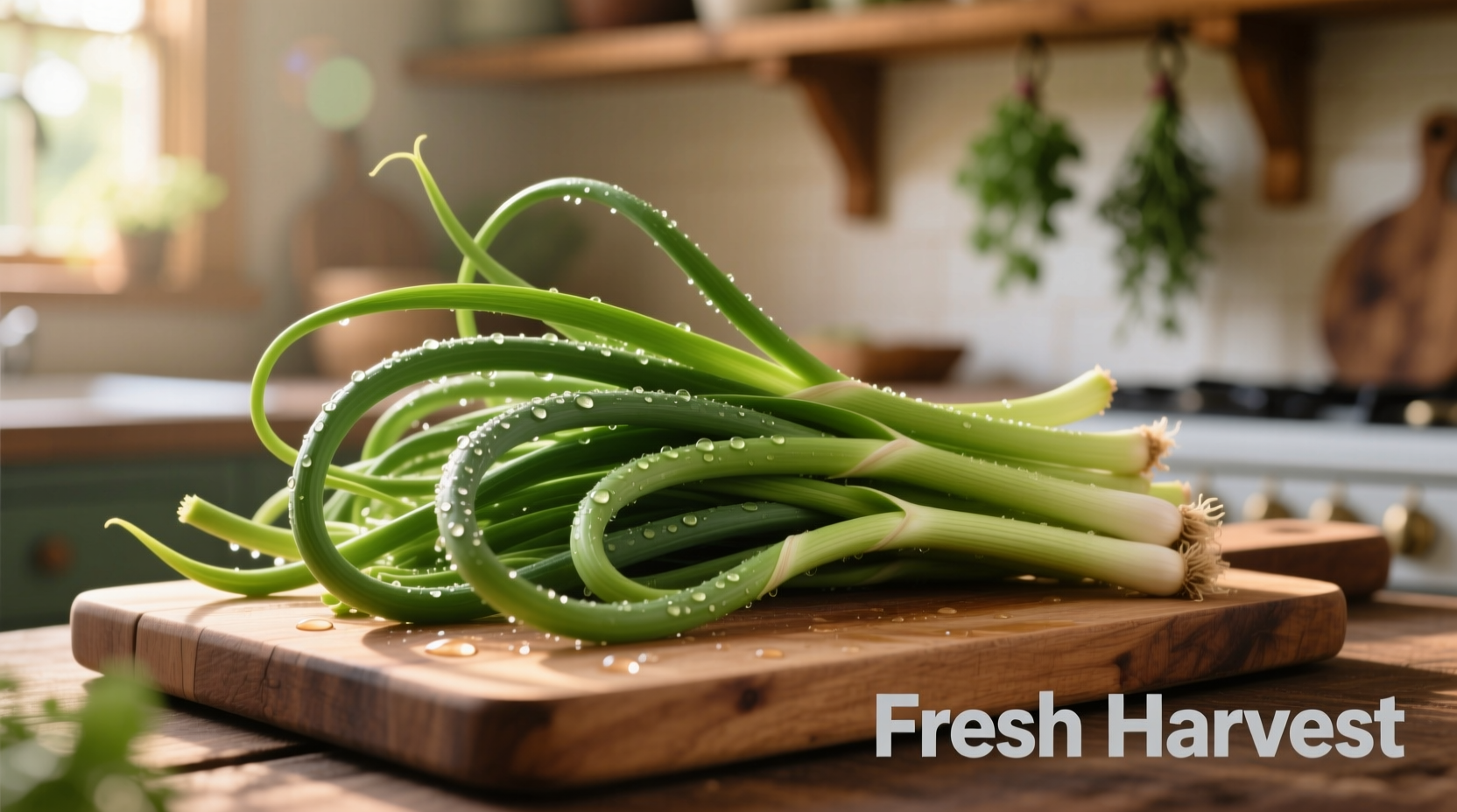 Freshly harvested garlic scapes on wooden cutting board