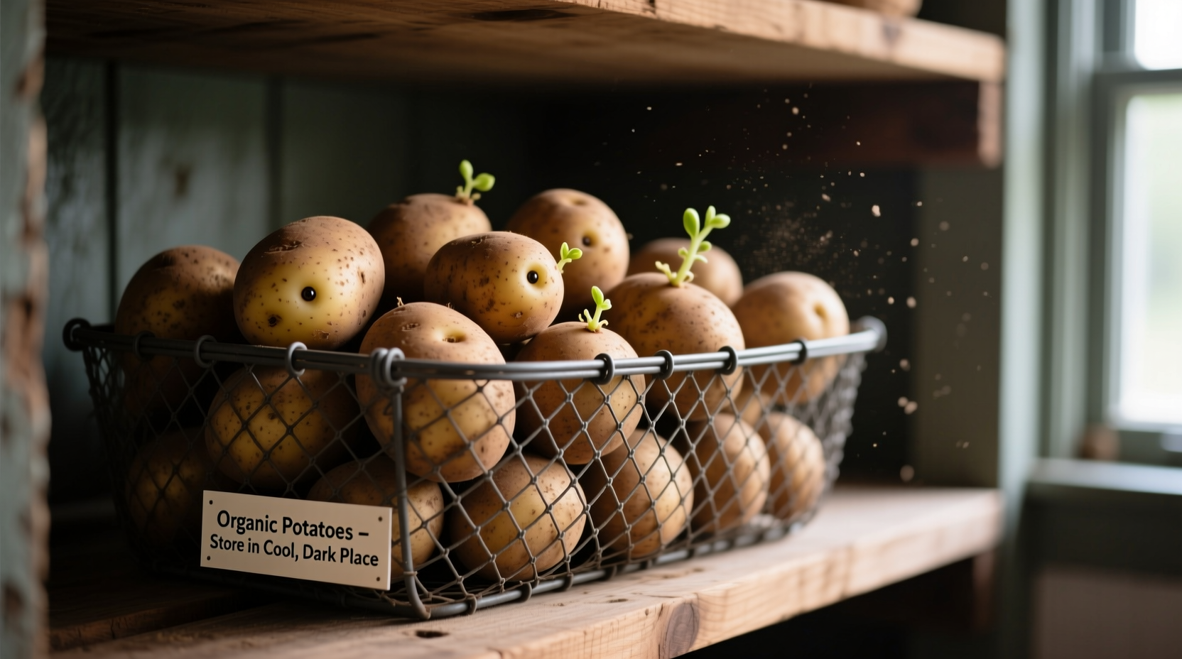 Properly stored potatoes in ventilated container