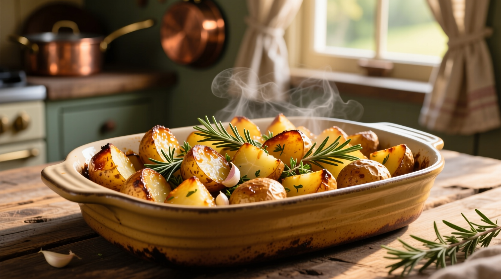 Golden roasted ranch potatoes in baking dish