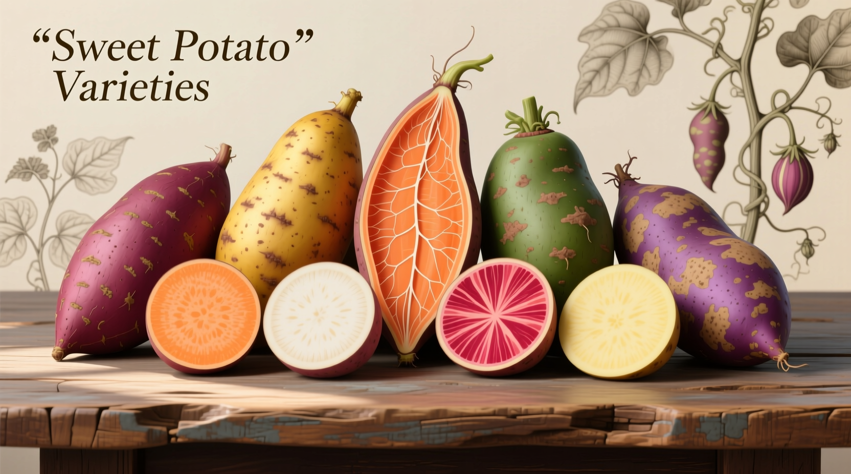 Assortment of sweet potato varieties showing skin and flesh colors