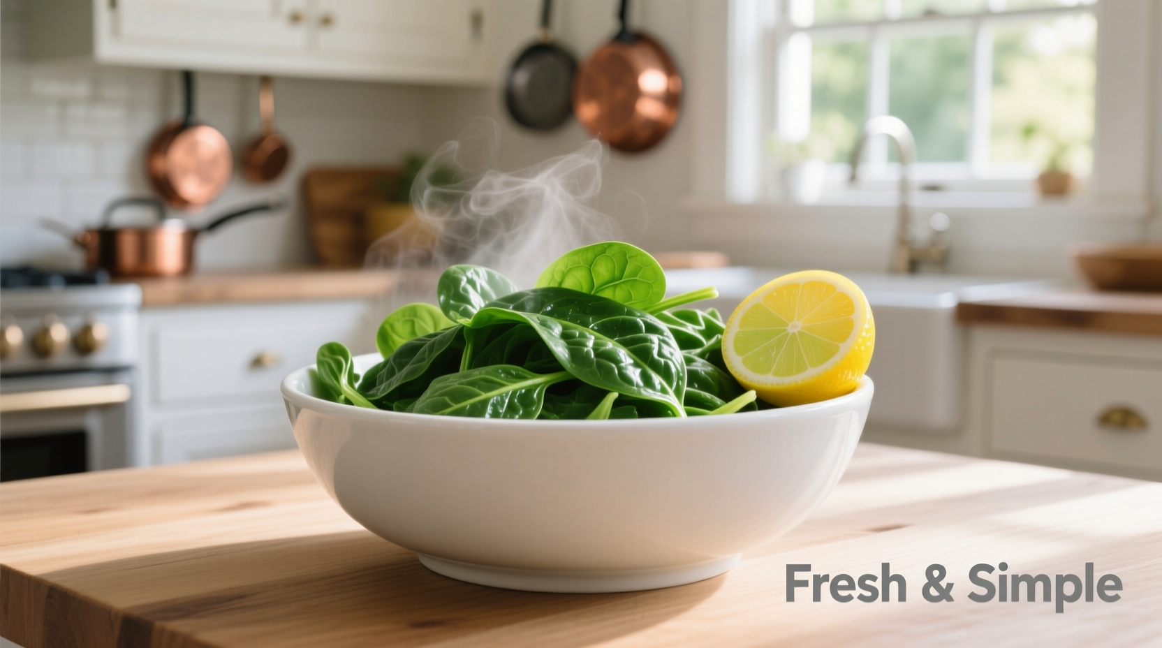 Fresh cooked spinach in white bowl with lemon wedge