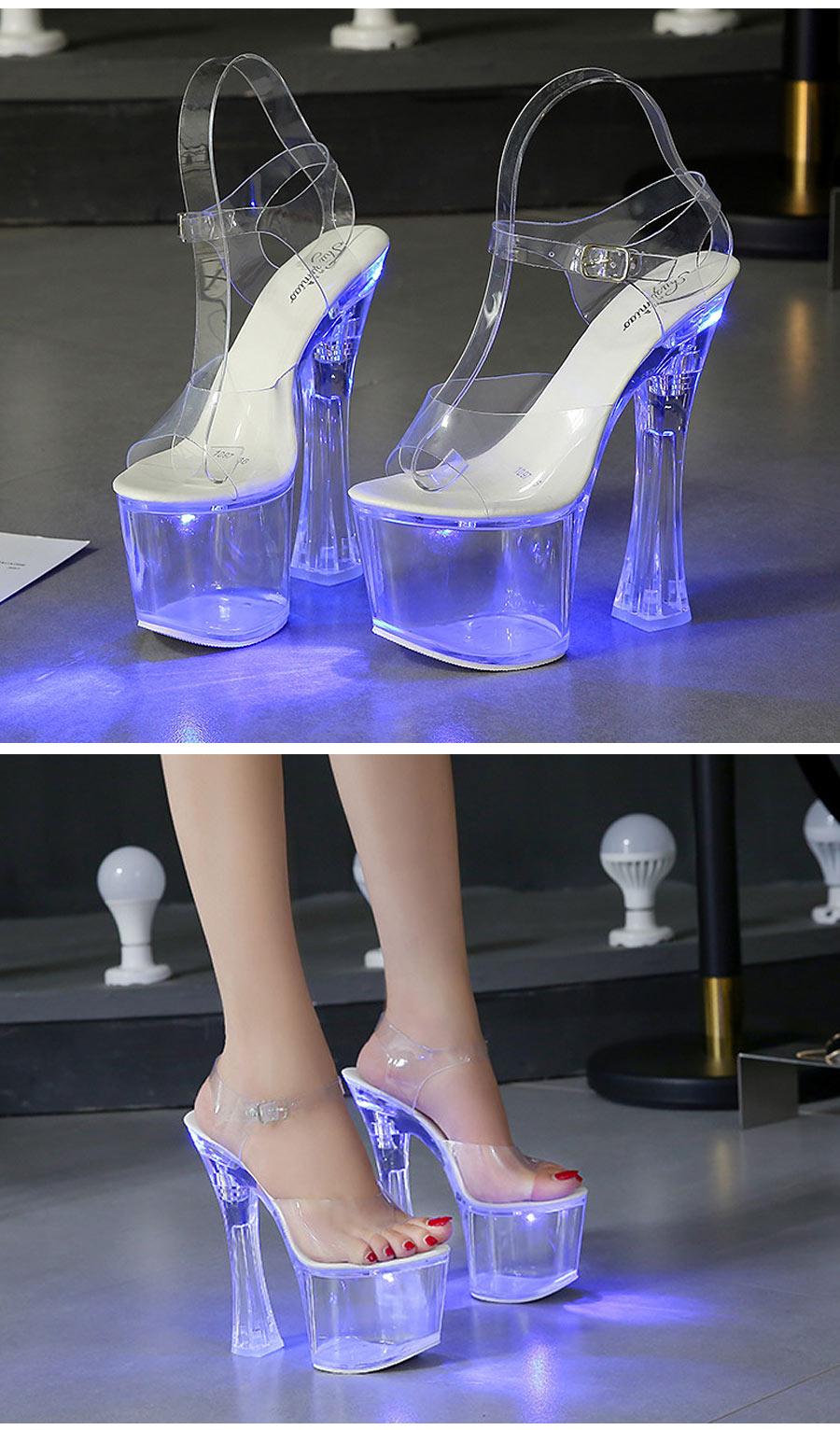 性感女款高跟鞋夜店凉鞋女士钢管舞鞋夜光水晶底