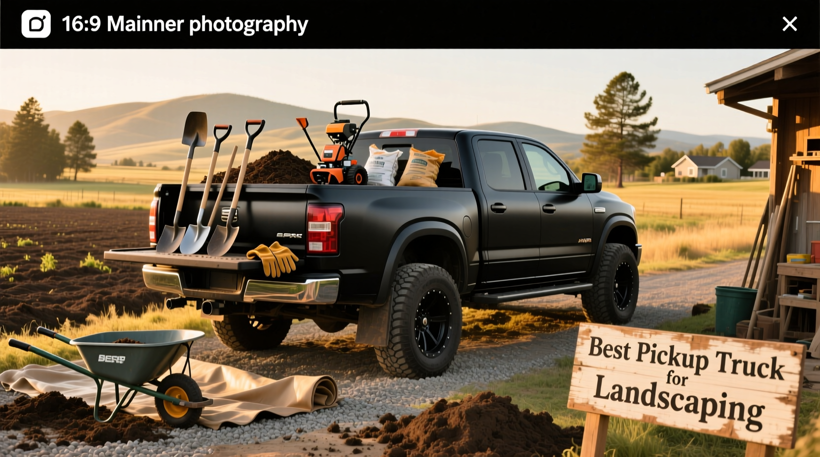 A white pickup truck loaded with lawn care equipment including mowers, trimmers, and toolboxes