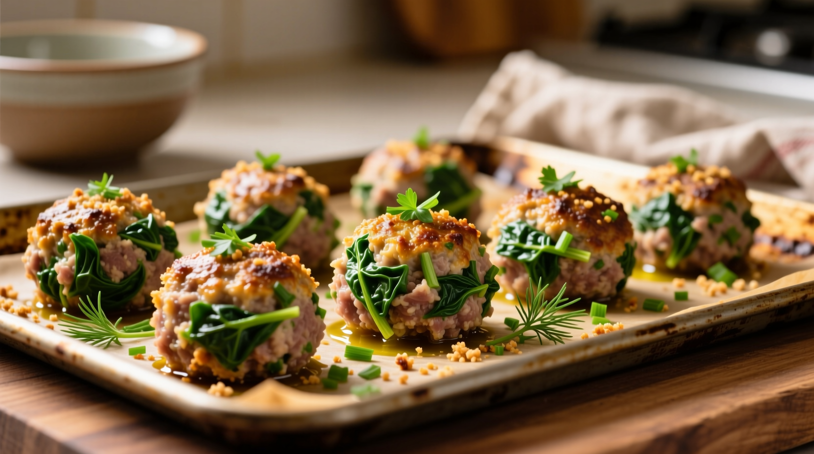 Golden baked spinach meatballs with fresh herbs on baking sheet