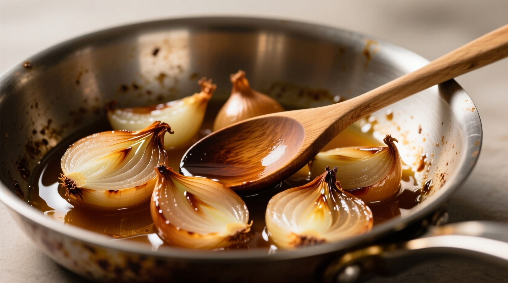 Golden caramelized onions in stainless steel pan with wooden spoon