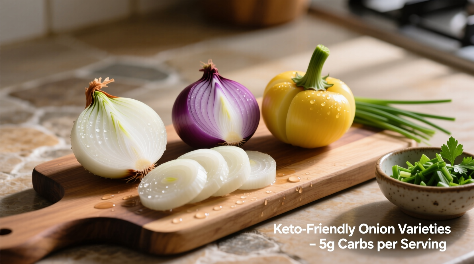 Keto-friendly onion varieties arranged for cooking