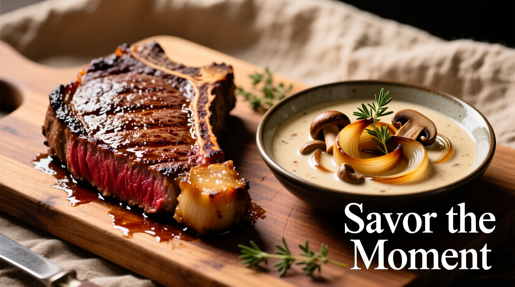 Steak with mushroom and onion sauce