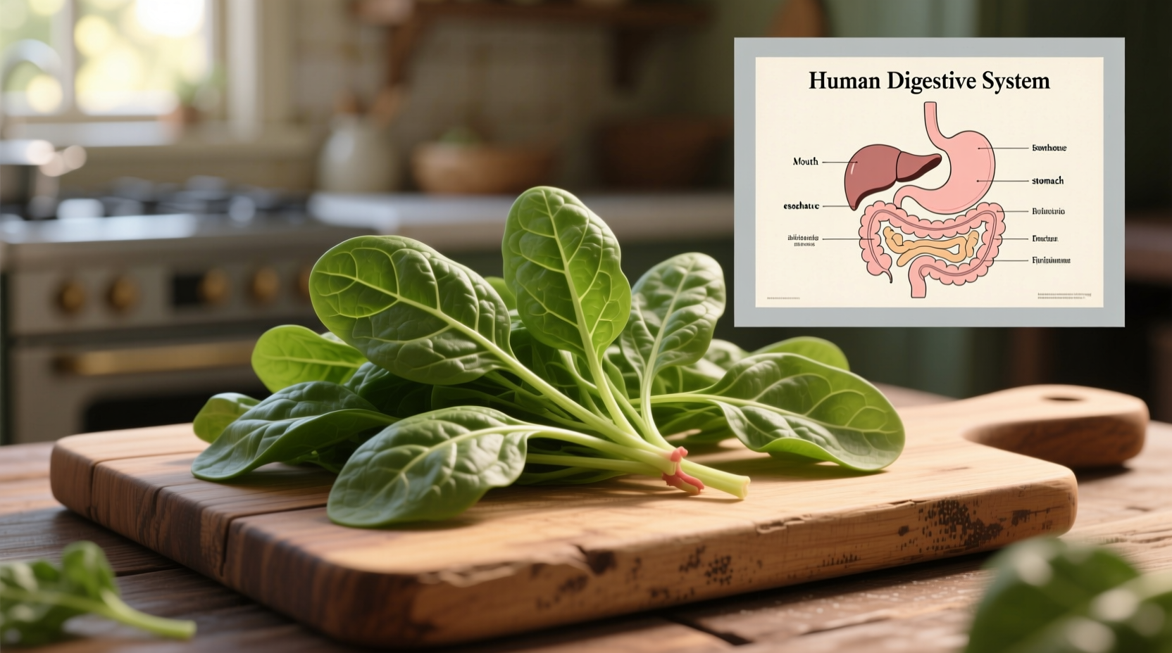 Spinach leaves on wooden cutting board with digestive system diagram