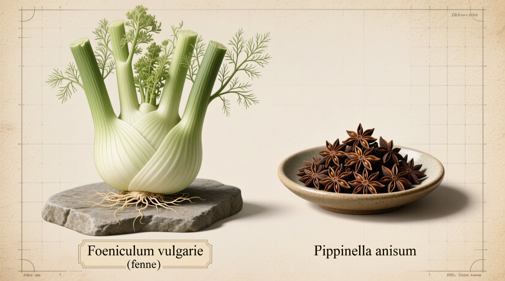 Fennel bulb and anise seeds side by side comparison