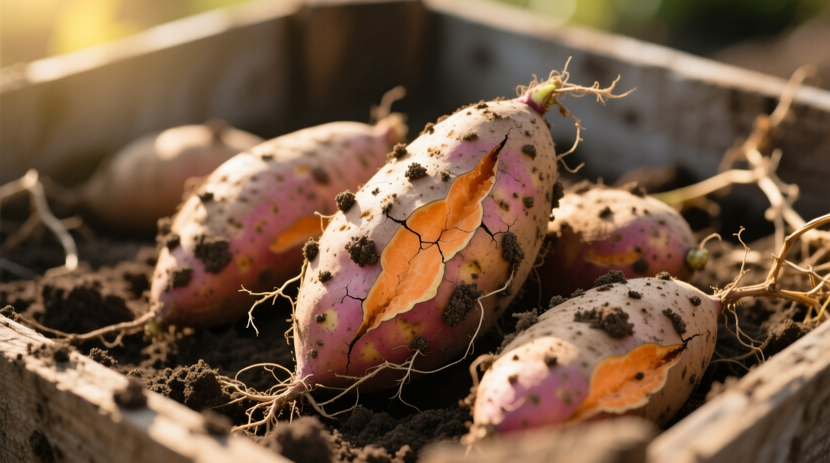 Freshly harvested sweet potatoes with soil still on skin