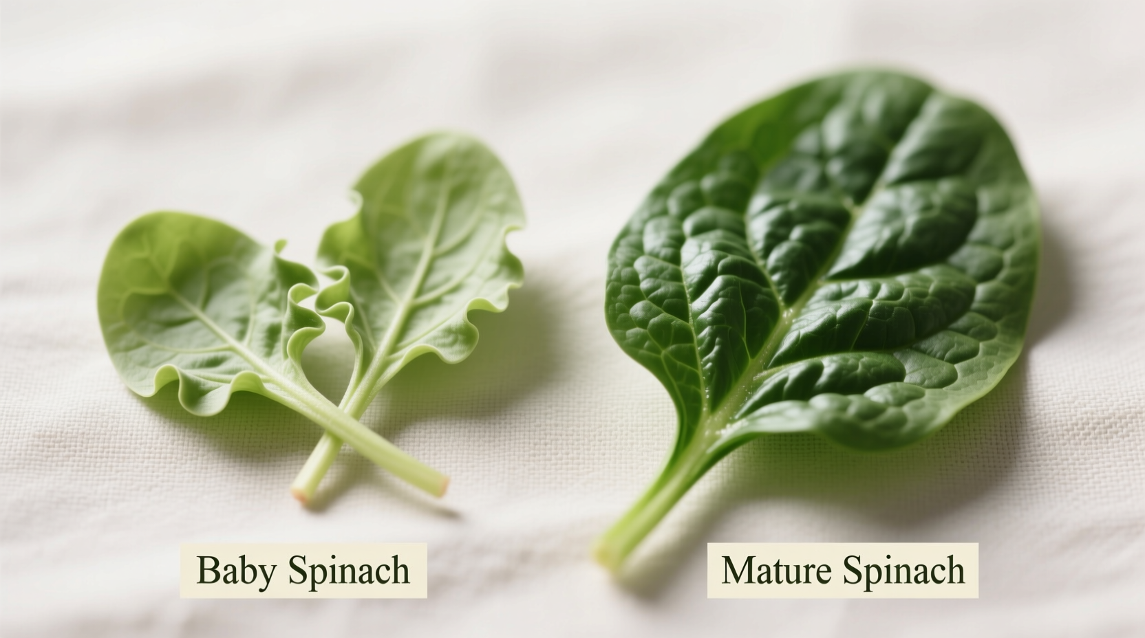 Side-by-side comparison of baby spinach and mature spinach leaves