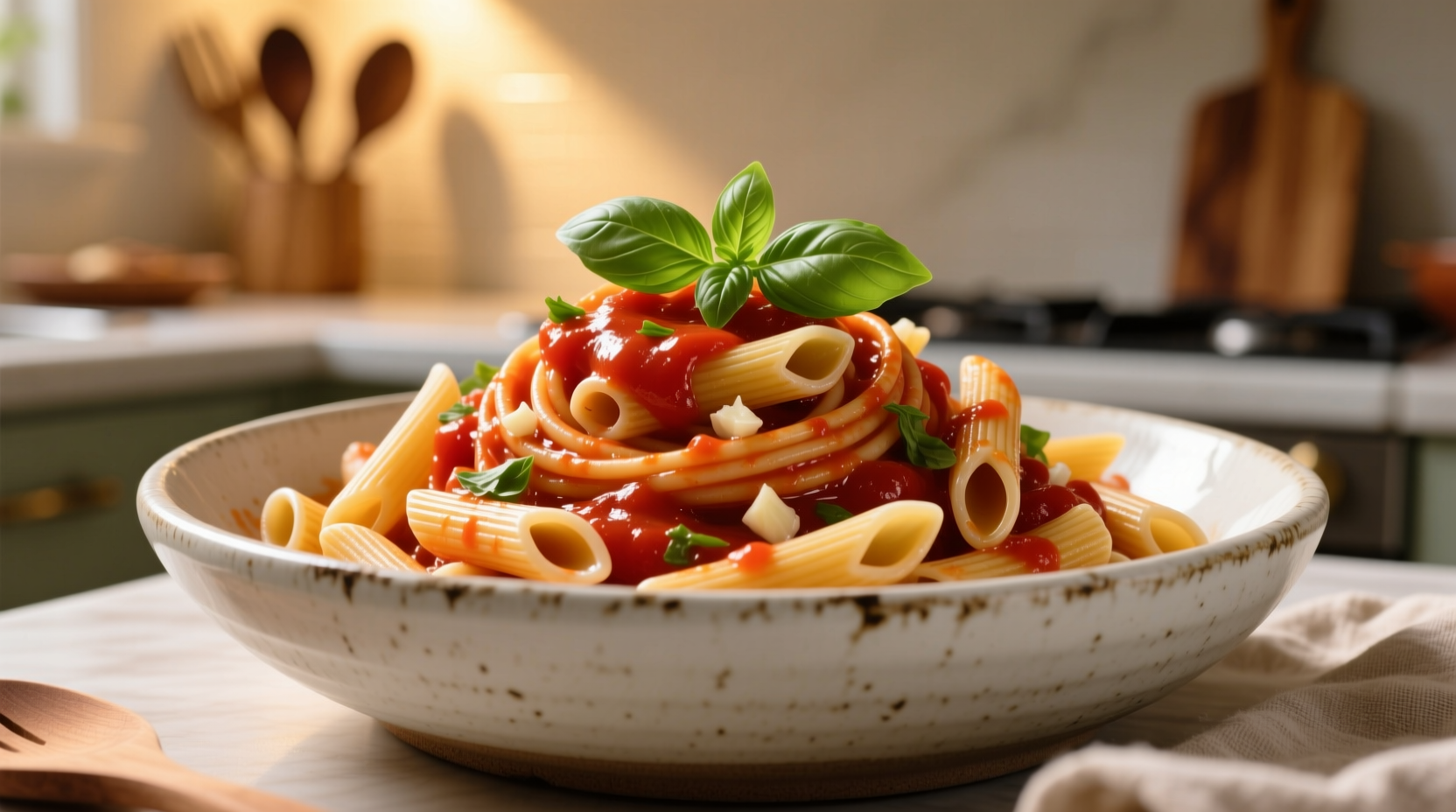 Fresh penne pasta with vibrant tomato sauce in ceramic bowl