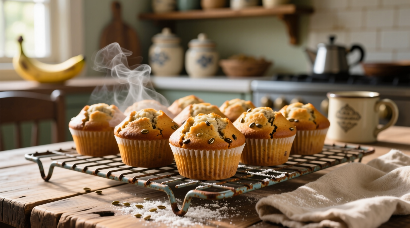 Freshly baked banana muffins cooling on wire rack