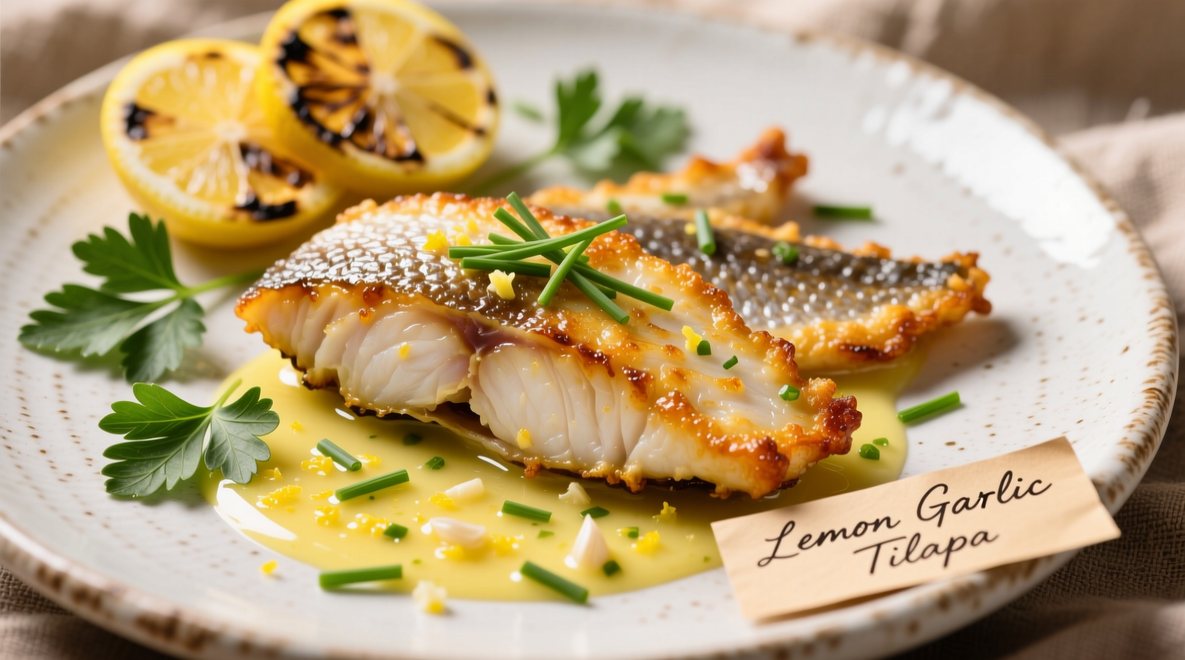 Perfectly cooked lemon garlic tilapia fillets with fresh herbs