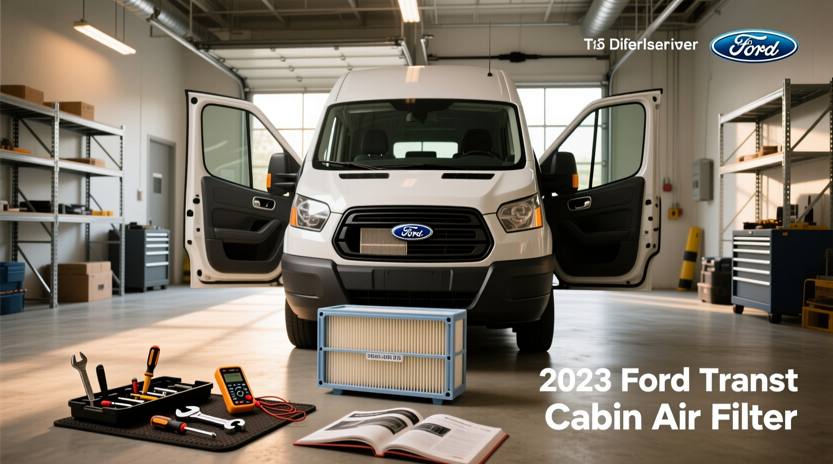 Replacement cabin air filter for 2023 Ford Transit showing size and airflow arrow