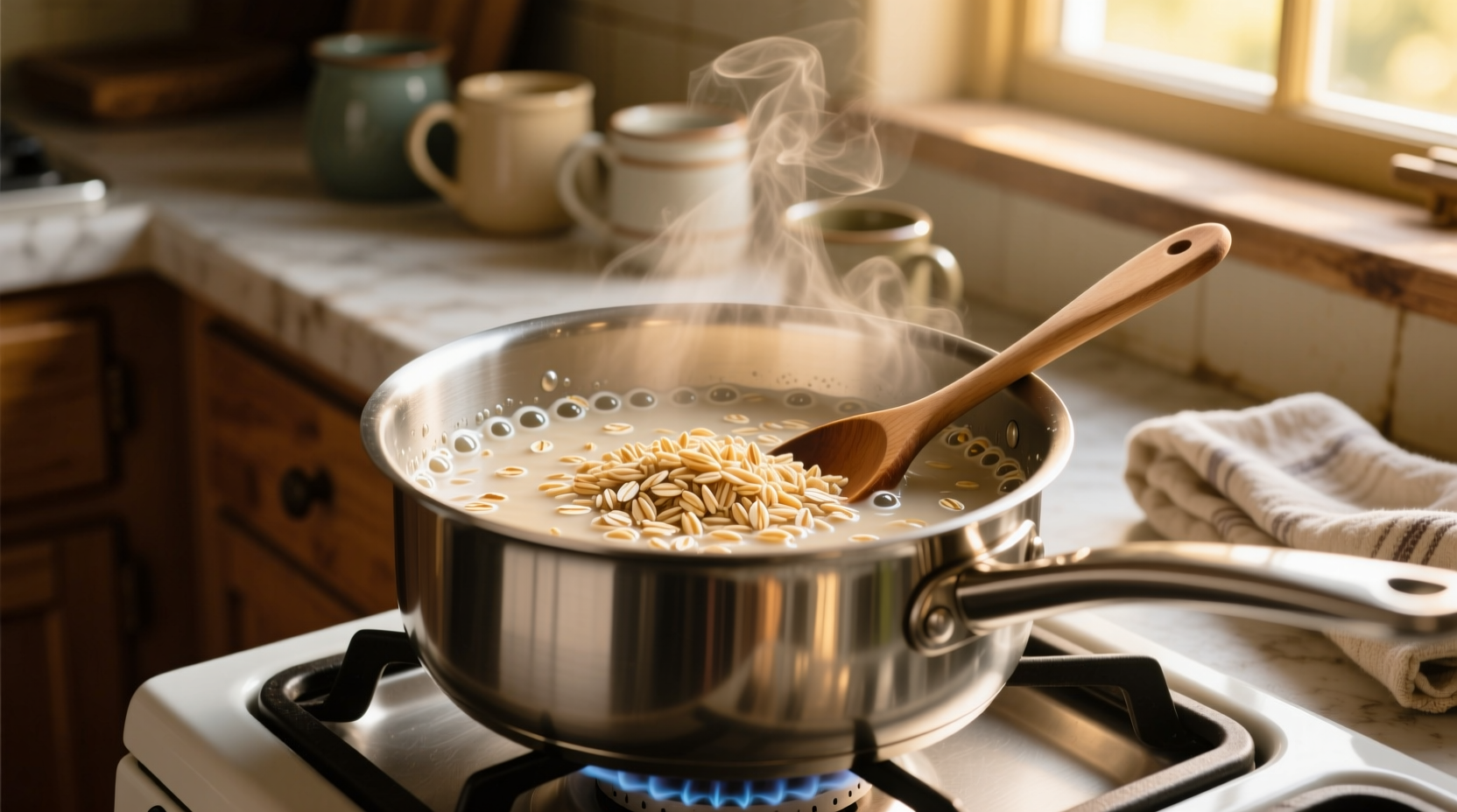 Steel cut oats cooking in a stainless steel pot