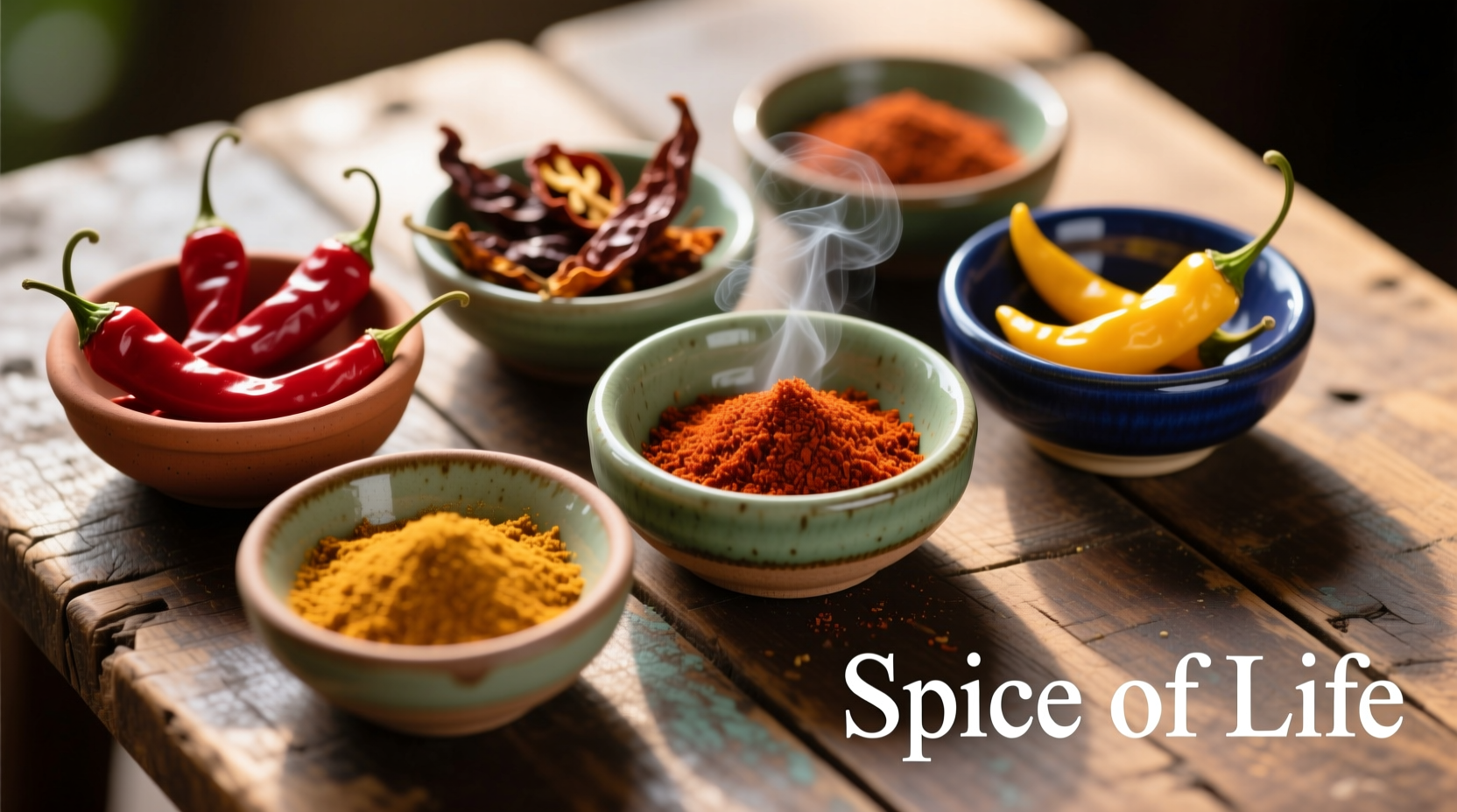 Chili spices arranged in small bowls