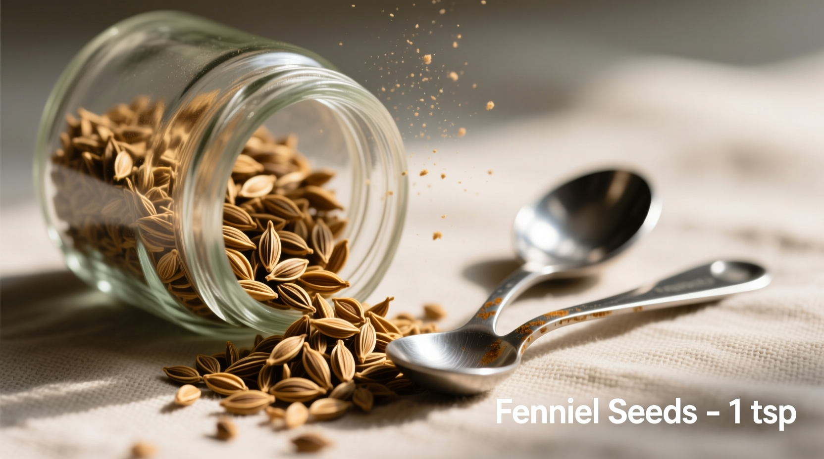 Dried fennel seeds in glass jar with measuring spoons