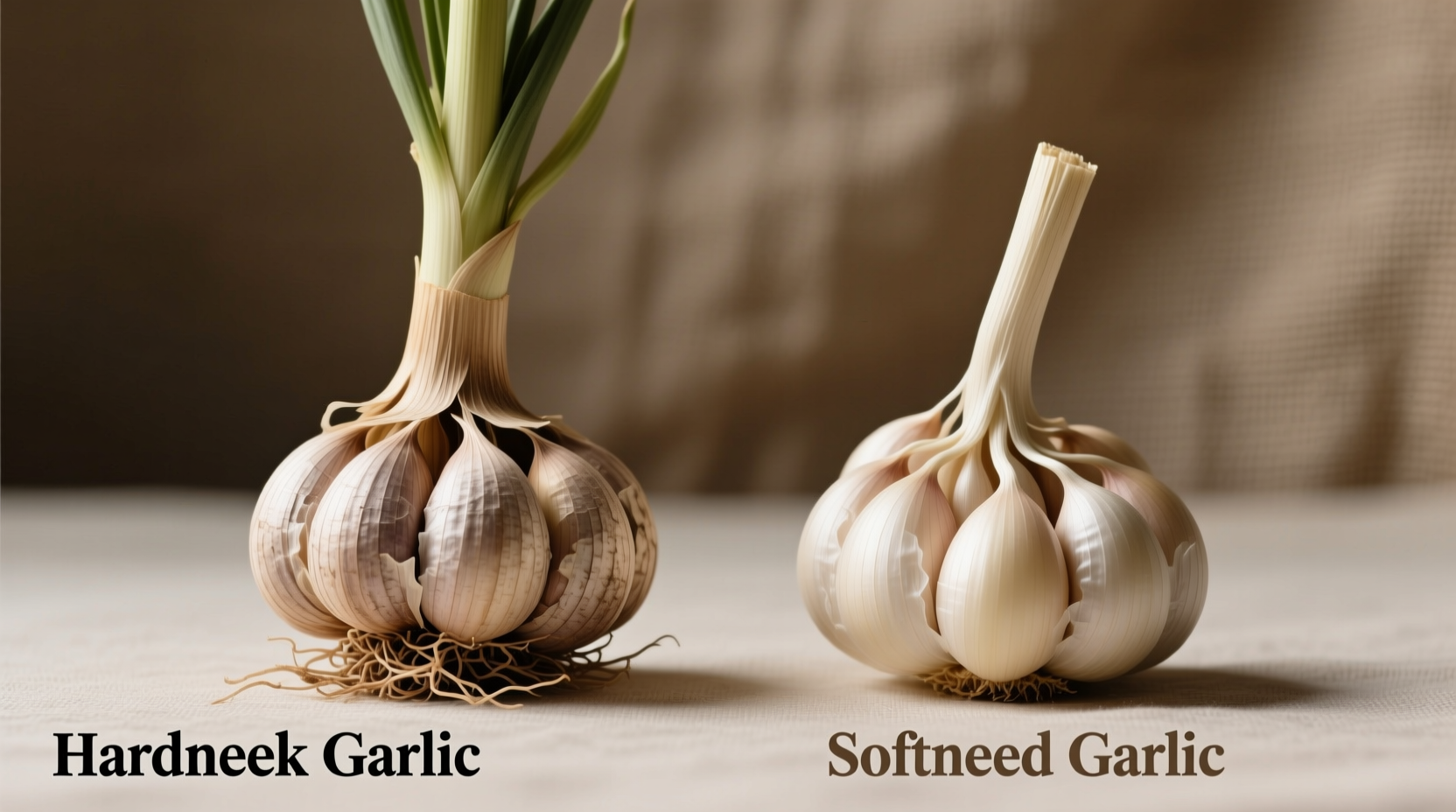 Close-up comparison of hardneck and softneck garlic varieties
