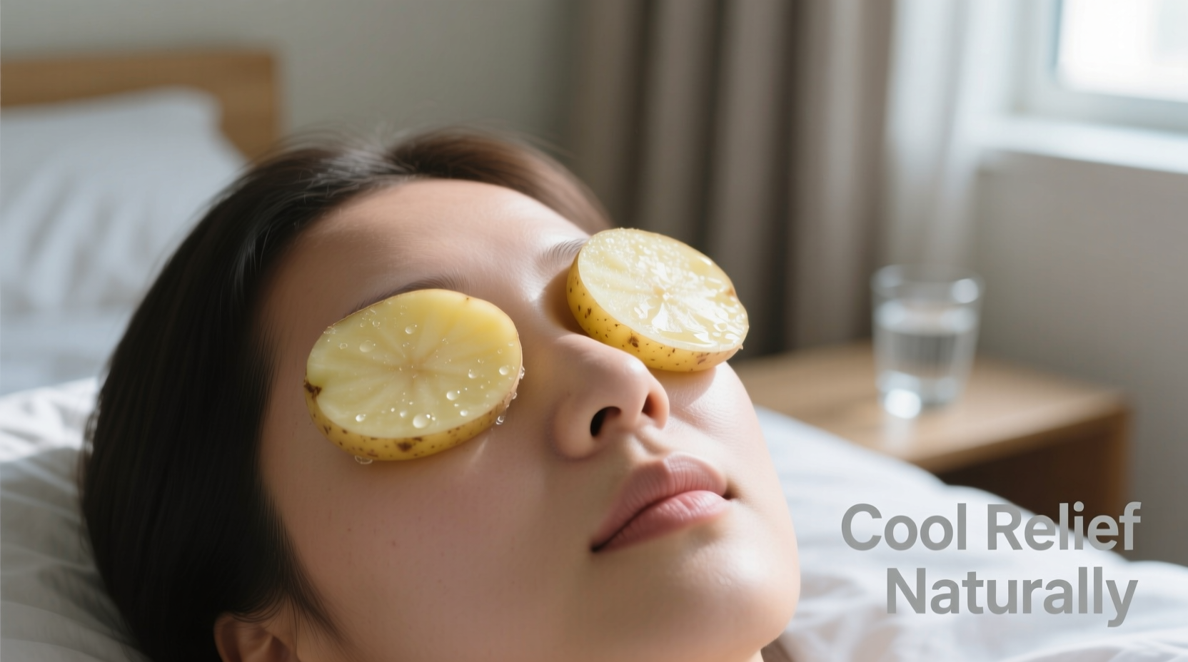 Chilled potato slices placed on closed eyes for natural remedy