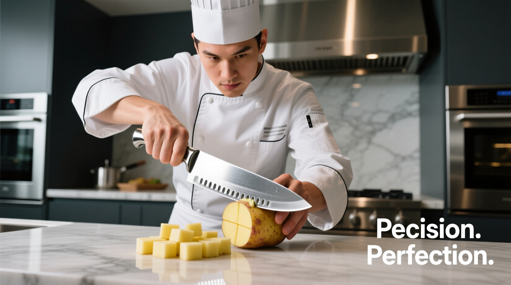 Professional chef using stainless steel potato cube cutter