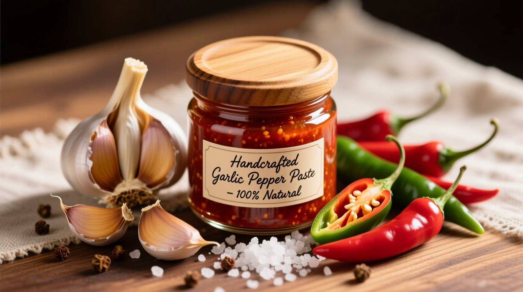 Homemade garlic pepper paste in glass jar with fresh ingredients