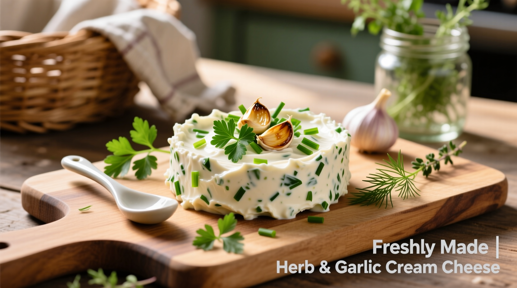 Homemade herb and garlic cream cheese with fresh herbs