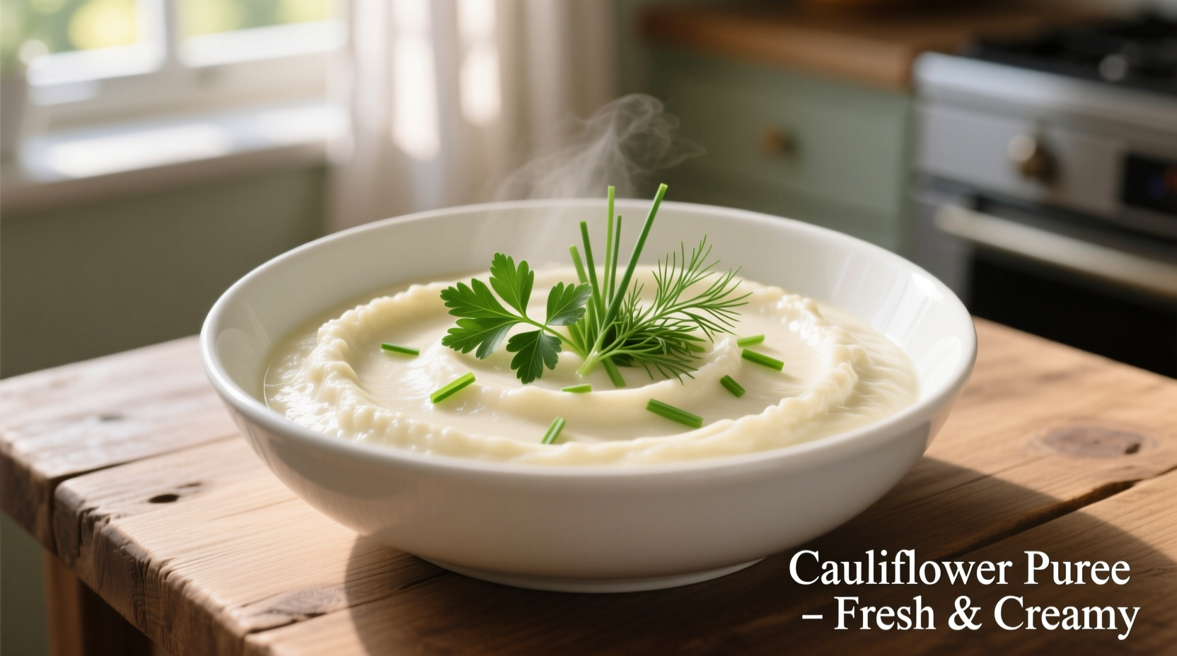 Creamy cauliflower puree in white bowl with fresh herbs
