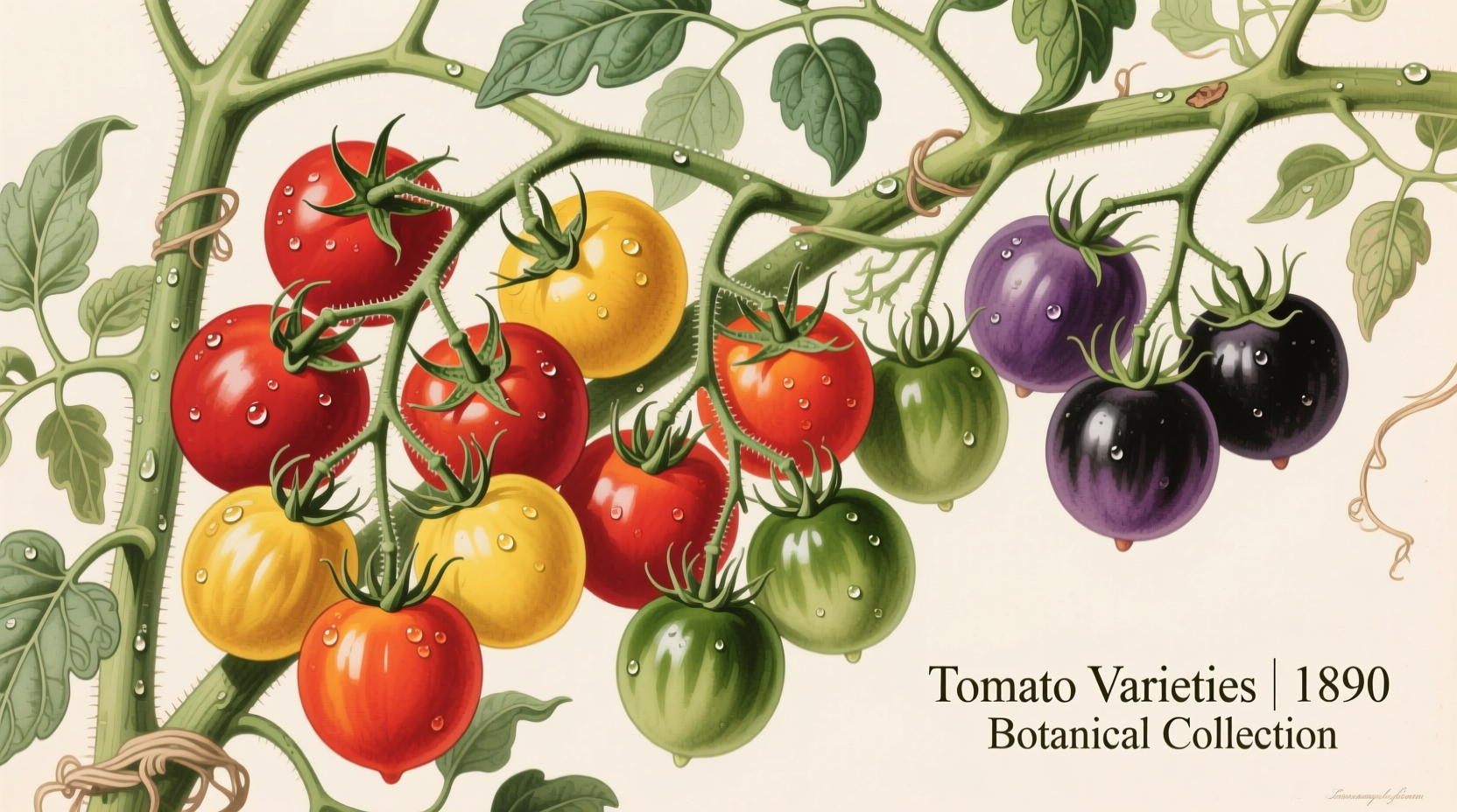 Colorful assortment of small tomato varieties on vine