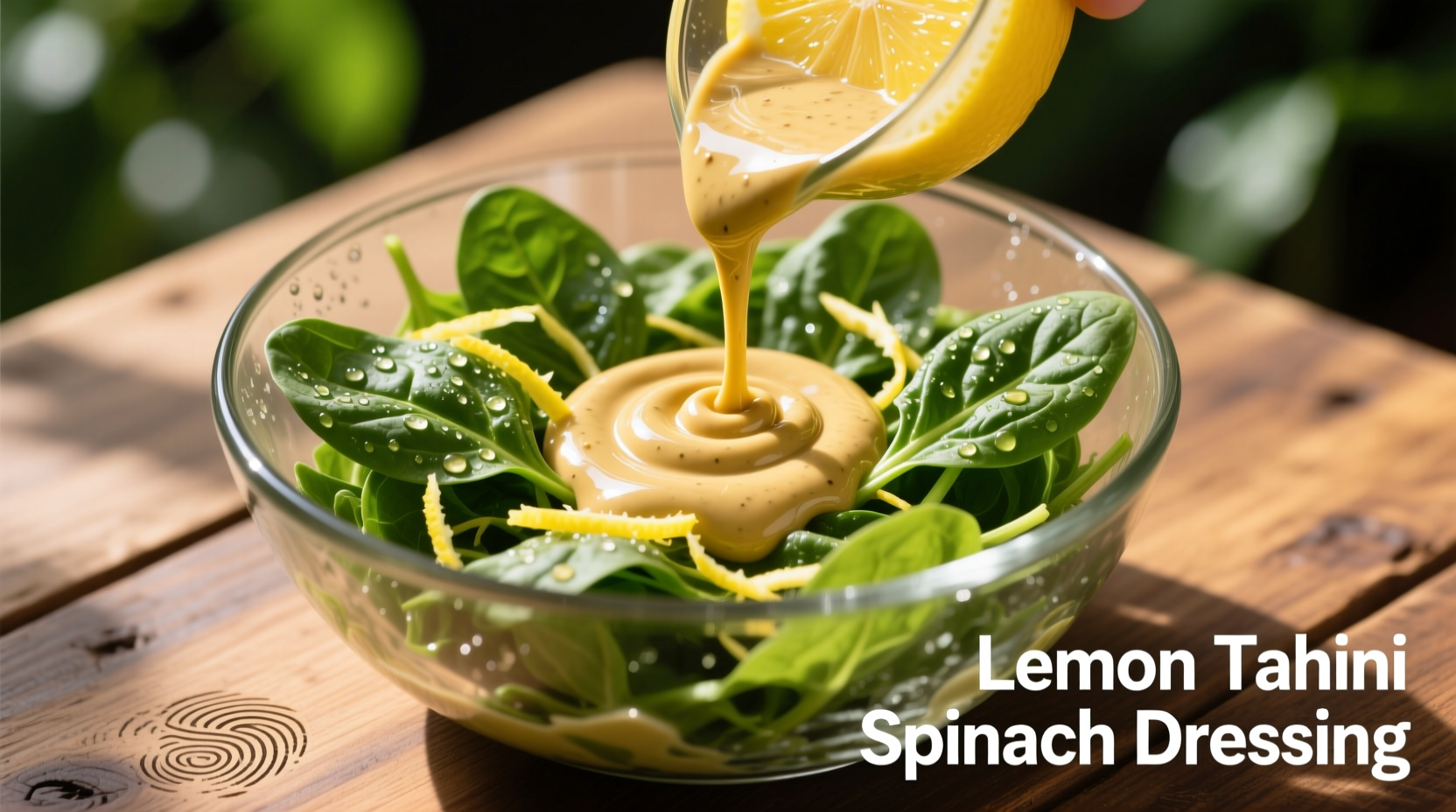 Lemon tahini spinach salad dressing in glass bowl