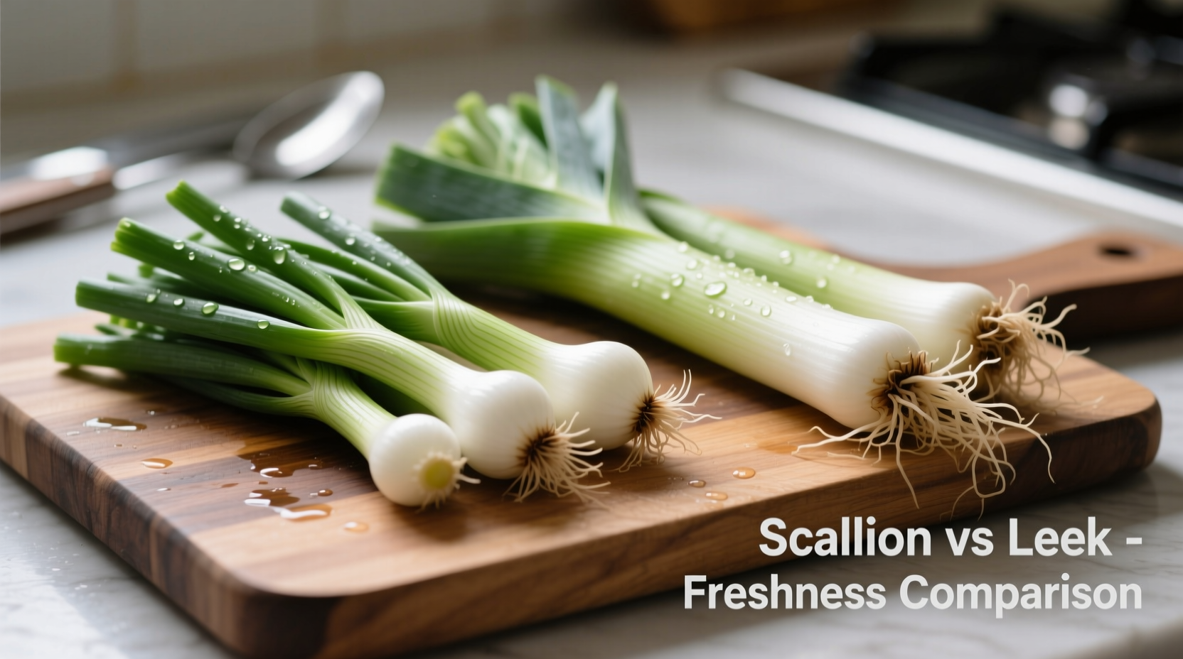Side-by-side comparison of scallion and leek on cutting board