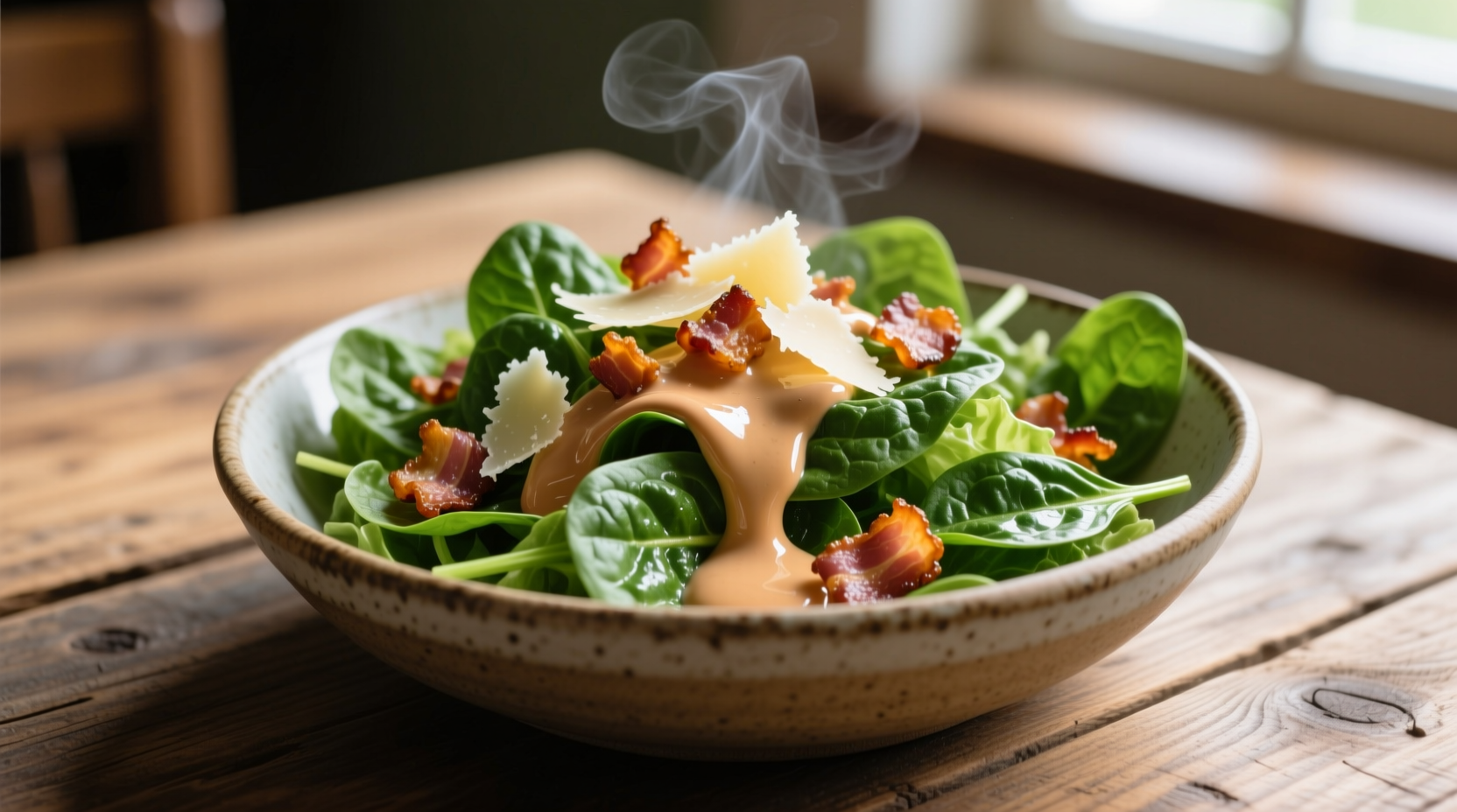 Fresh spinach salad with warm bacon dressing in bowl