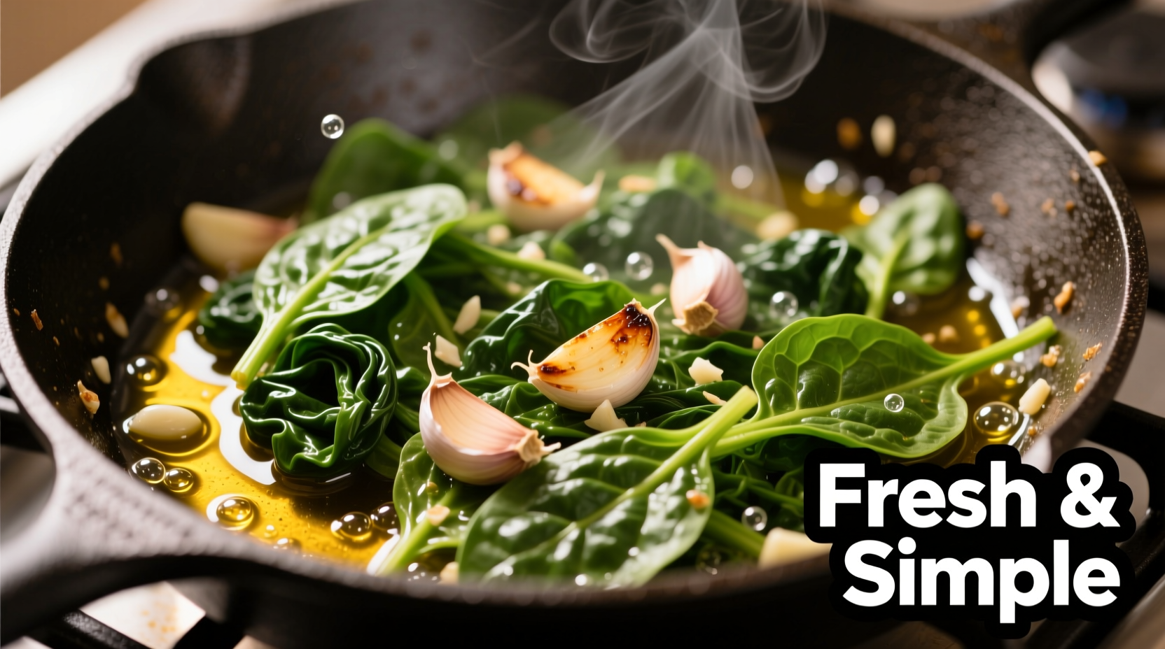 Fresh spinach sautéing in pan with garlic and olive oil