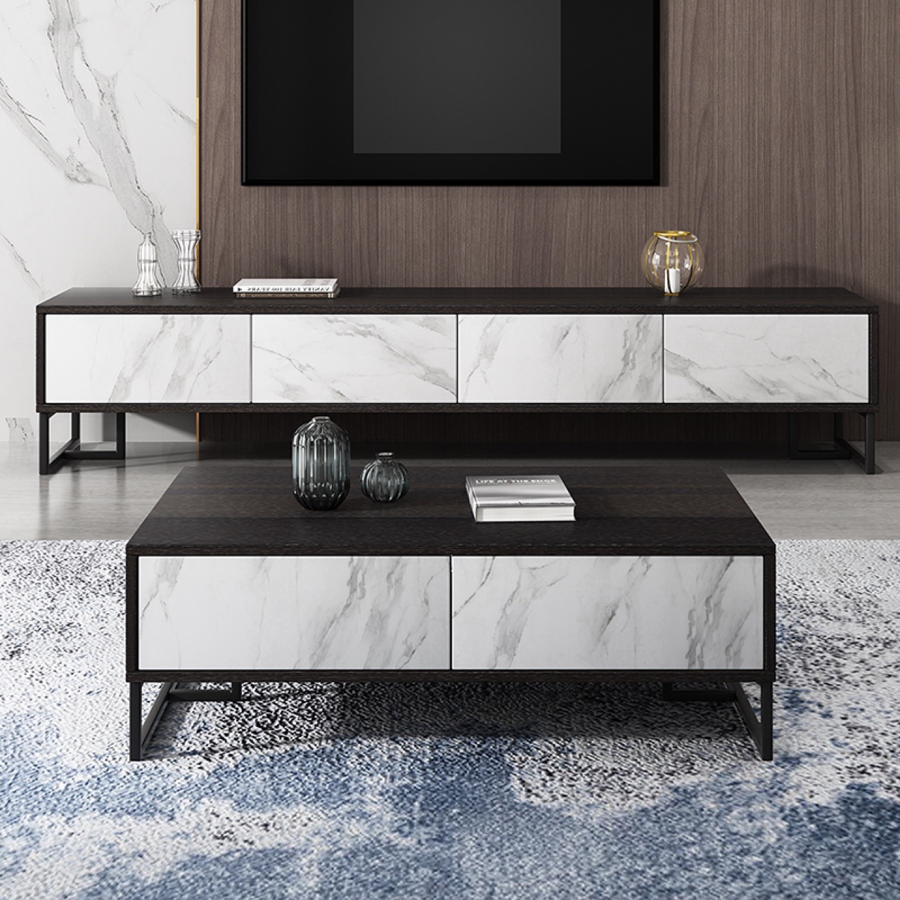 OEM Modern Living Room Cabinets Metal Frame Marble TV Stand and Coffee Table