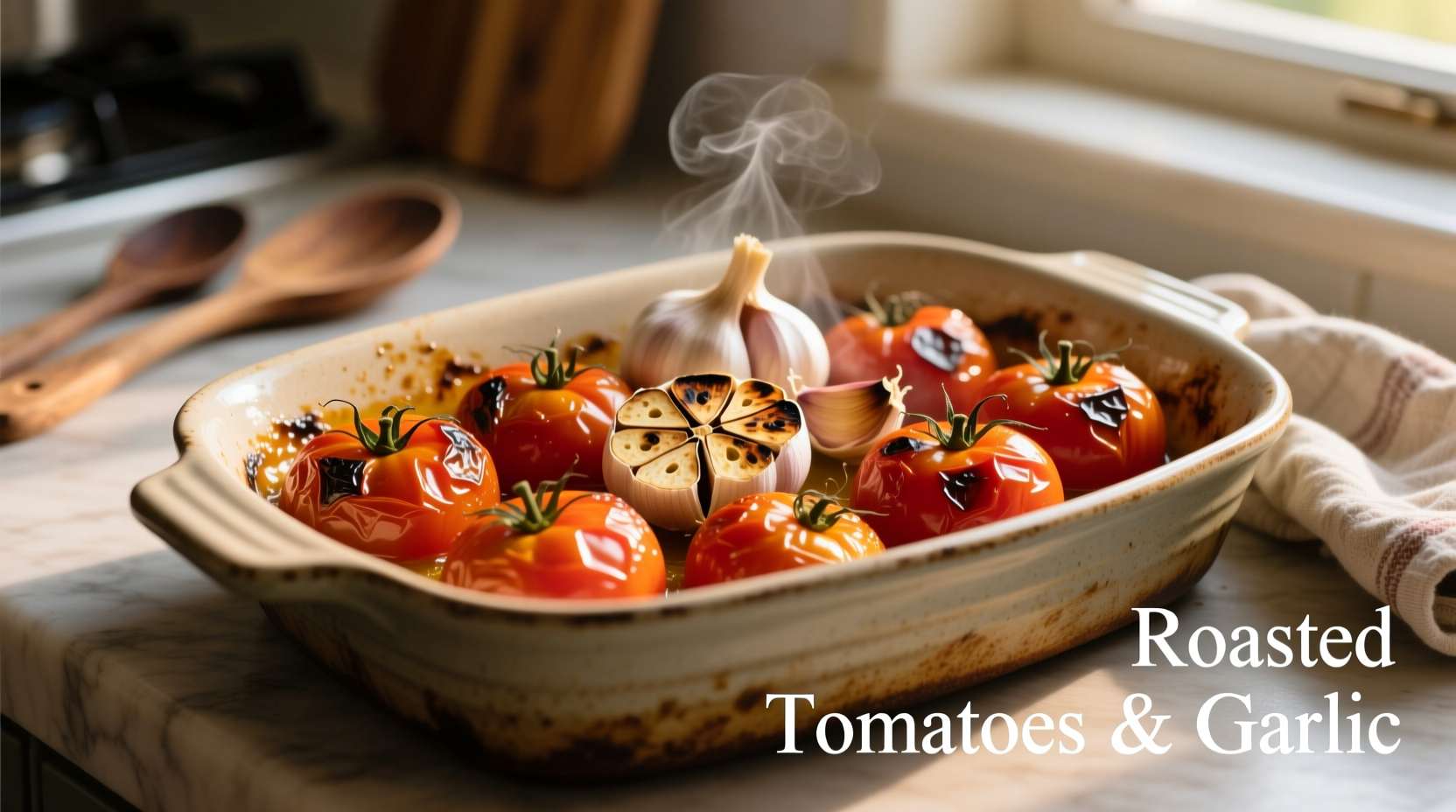 Roasted tomatoes bubbling in baking dish with garlic