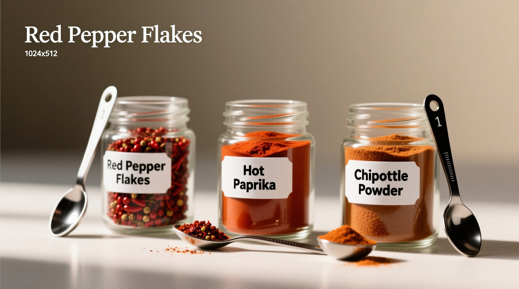 Close-up comparison of cayenne pepper substitutes: red pepper flakes, hot paprika, chipotle powder in glass jars with measuring spoons