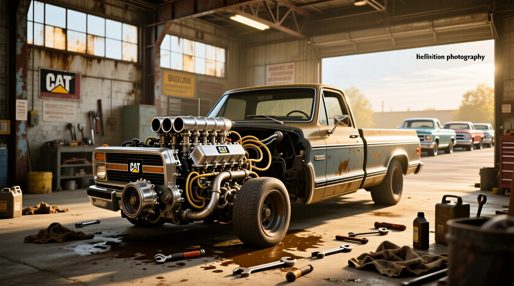 Cat diesel engine installed in a modified pickup truck chassis