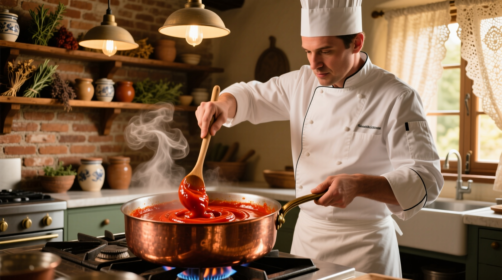 Chef stirring tomato paste in copper saucepan