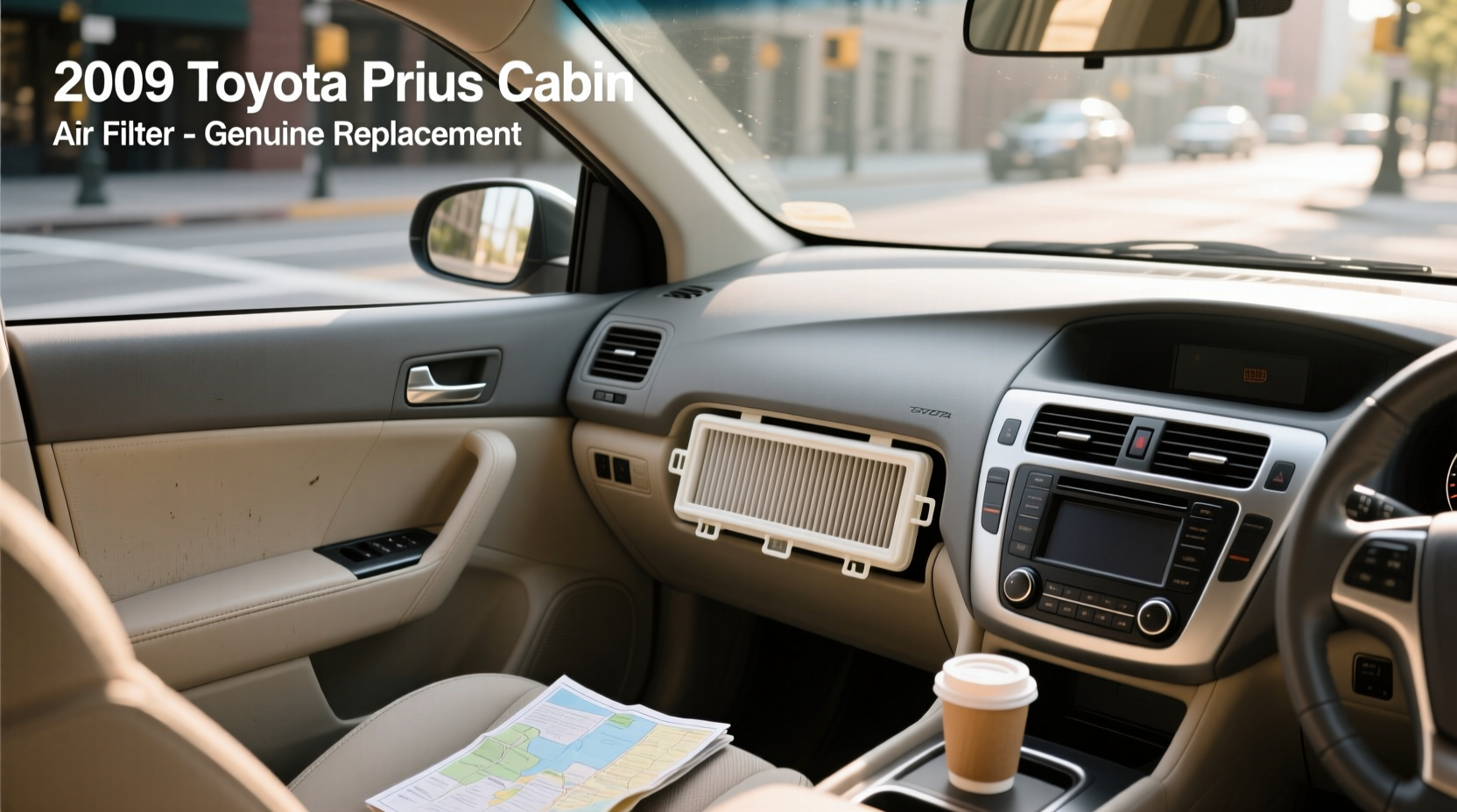 New cabin air filter being inserted into housing of a 2008 Toyota Prius