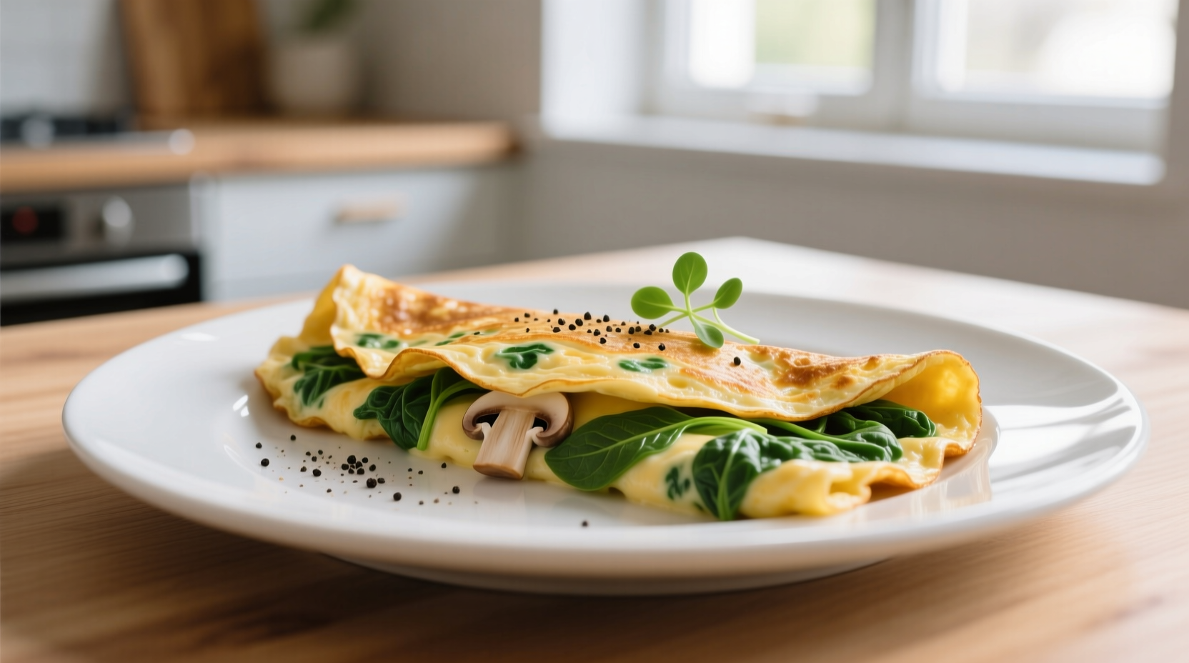 Perfect golden spinach mushroom omelette on white plate